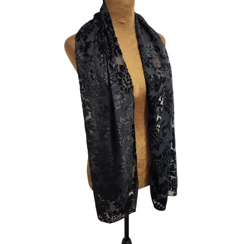 Casual Corner Black Burnout Velvet Floral Scarf Sheer Mesh Devore Sunflowers